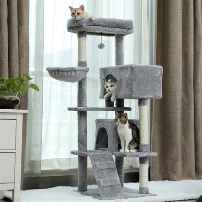 56" Cat Tree for Indoor Cats Cat Condos for Adult Cats with Padded Plush Perch and Cozy Basket Cat Tower for Large Cats , Gray