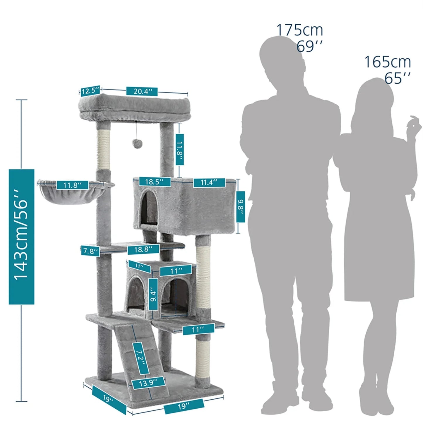 56" Cat Tree for Indoor Cats Cat Condos for Adult Cats with Padded Plush Perch and Cozy Basket Cat Tower for Large Cats , Gray